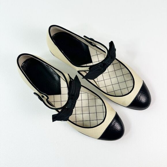 CHANEL Beige Black Cap Toe Leather CC Logo Ballet Flats Size 38.5 Mary Jane Bow - Picture 5 of 16